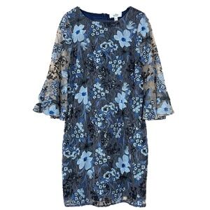Belle Badgley Mischka Embroidered Floral Lace Sequin Cocktail Dress Blue Size 4